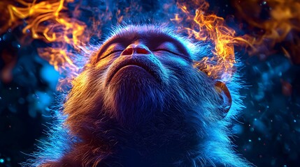 Wall Mural - Monkey Face with Fire and Blue Abstract