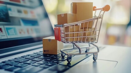 A miniature shopping cart filled with cardboard boxes sits on a laptop keyboard, representing online shopping and e-commerce.