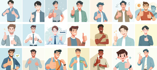 Canvas Print -  vector set of guys expressing their thumbs up with a flat design style, white background, and simple minimalist design