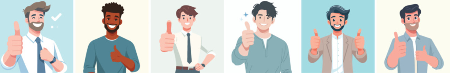  vector set of guys expressing their thumbs up with a flat design style, white background, and simple minimalist design