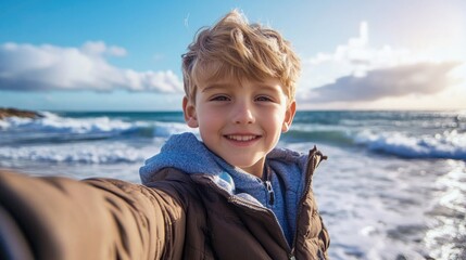 Wall Mural - Boy taking selfie at beach