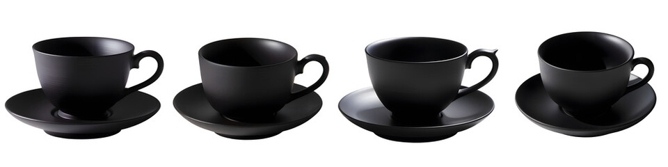 Set of tea cup matte black with saucer isolated on white and transparent background