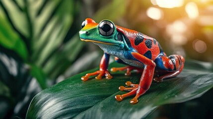 A colorful frog is sitting on a leaf