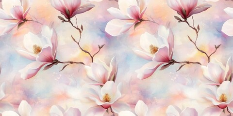 Lush Magnolia Blossom Pattern: Soft Watercolor Florals with Airy Foliage in a Romantic, Natural Style
