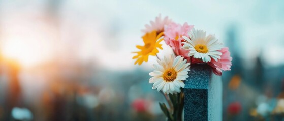 Gravestone with wilted flowers under a gray sky, mourning, quiet reflection in a cemetery