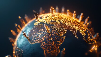 Poster - Global Economic Lifeline: A vast globe with crisscrossing lifelines in the form of glowing ropes being pulled by abstract government figures standing on different continents
