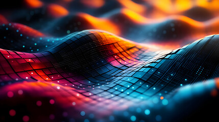 Wall Mural - Abstract digital waves with vibrant colors and grid patterns.