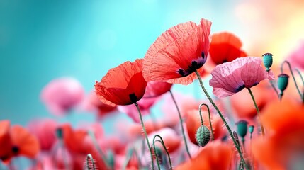 Vibrant close-up of blooming red and pink poppy flowers against a dreamy blue background, capturing the essence of nature's beauty and tranquility.