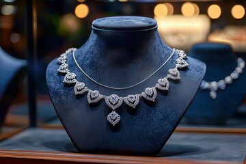 luxury diamond jewelry window display with necklace