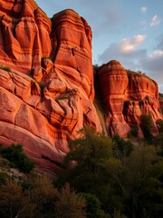 Poster - Red rock cliffs stand tall against a cloudy sky.