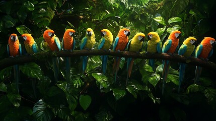 A group of colorful parrots perched on the branches of a tropical rainforest tree