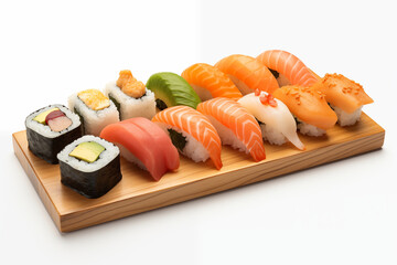 Sushi presentation on white background. Sushi themes. Asian cuisine themes. Asian restaurant. Sushi making. PNG cut out. Image for graphic designer. Image for flyers.