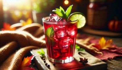 a glass of iced beverage garnished with a lime slice and mint leaves, set on a wooden surface surrounded by autumn leaves, with warm sunlight filtering through in the background creating a cozy atmosp