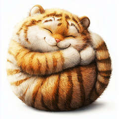 Smiling tiger curled up in a circle, happy mood, white background