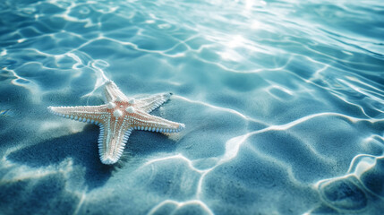 Wall Mural - Summer background. One white starfish lies on the blue water surface