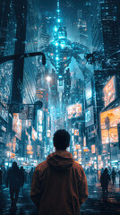 Wall Mural - A person stands in awe, witnessing giant robot in futuristic cityscape