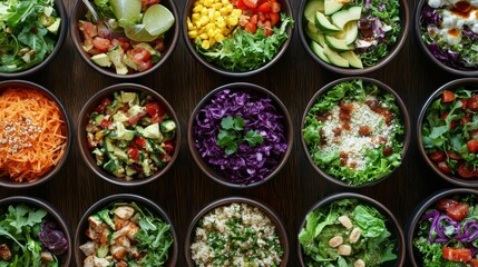 Top View of 12 Different Bowls of Salad, Each with Unique Ingredients and Toppings, food photography, healthy eating, vegetarian, salad bar, salad bowl