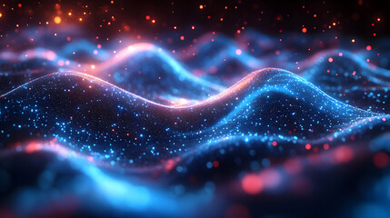 Wall Mural - Abstract waves of light with glowing particles in a digital landscape.