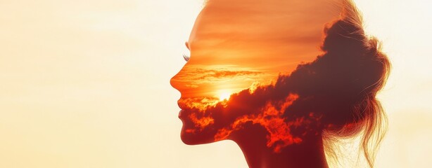 A woman's face is shown in silhouette against a sunset