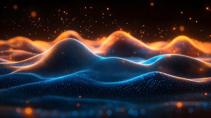 Wall Mural - Abstract waves with glowing particles in blue and orange hues.