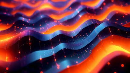 Abstract waves with vibrant colors and glowing particles create a dynamic visual effect.