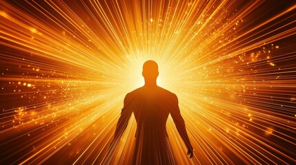 Positive Light Burst: A human silhouette surrounded by abstract rays of light and energy beams, representing an inner burst of positivity radiating outwards