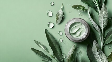 Wall Mural -   A green surface with a jar of cream, leaves, and water droplets