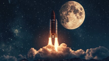 Wall Mural - A rocket launches into space with a full moon and starry sky in the background.