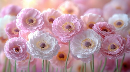 Poster -   A cluster of vibrant pink and white blossoms against a pastel backdrop, with a sunny core encircled by tiny blooms