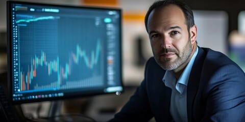 Poster - A confident businessman sits at a desk with a trading screen. He analyzes the market trends. The focus is on finance and investments. Ideal for corporate or financial themes. AI