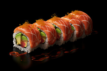 Sushi on black background. Sushi themes. Asian cuisine themes. Asian restaurant. Sushi making. PNG cut out. Image for graphic designer. Image for flyers.