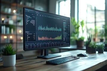 Modern monitor screen displaying financial charts, stock market, forex market and investments on desk in office