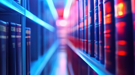 Poster - Bookcase in a Library with Blue and Red Lights