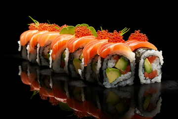 Sushi on black background. Sushi themes. Asian cuisine themes. Asian restaurant. Sushi making. PNG cut out. Image for graphic designer. Image for flyers.