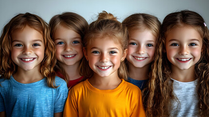 Wall Mural - Five smiling children standing together, showcasing joy and friendship.