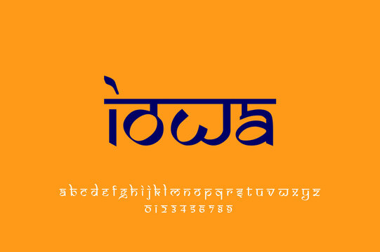 USA state Iowa text design. Indian style Latin font design, Devanagari inspired alphabet, letters and numbers, illustration.