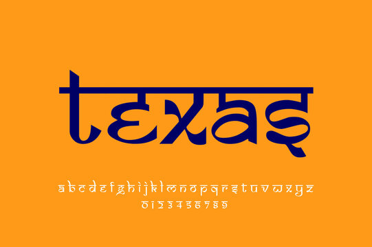 USA state Texas text design. Indian style Latin font design, Devanagari inspired alphabet, letters and numbers, illustration.