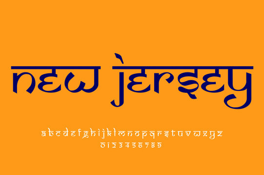 USA state New Jersey text design. Indian style Latin font design, Devanagari inspired alphabet, letters and numbers, illustration.