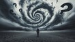 © Exnoi - Storm of Choices: A person standing in the middle of a storm made of swirling question marks and decision points