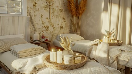 A tranquil spa room with two massage beds