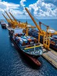 © Tanongsak idea photo - A busy city port with energyefficient cranes loading cargo onto electric ships, symbolizing efficient logistics infrastructure, efficient port, electric logistics
