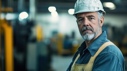 confident male factory worker in industrial setting protective gear determined expression dramatic lighting highlighting machinery portrayal of skilled labor and manufacturing pride