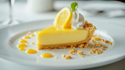 Slice of lemon meringue pie sitting on a white plate