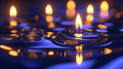 Wall Mural -   A cluster of flickering candles resting atop a table with water surface, alongside an array of similarly lit ones