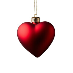 red heart-shaped christmas ornament with hanging loop isolated on transparent background