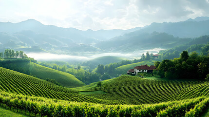 Wall Mural - Serene landscape with rolling hills and vineyards under a cloudy sky.