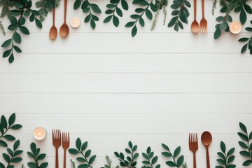 Minimalist wooden cutlery, eco-friendly, zero waste decor and greenery border on elegant white background