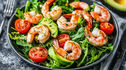 Wall Mural -  Salad with shrimp, avocado, tomatoes, lettuce on plate - fork