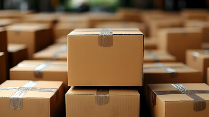 Stacked cardboard boxes in a warehouse setting, ready for shipping or storage.