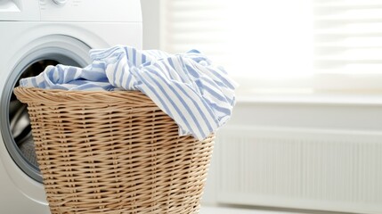 A wicker laundry basket overflows with freshly laundered white towels beside a washing machine in a sunlit laundry area.